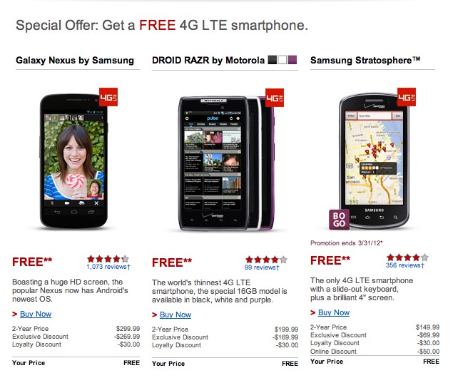 Verizon gives free Galaxy Nexus, Motorola RAZR & Samsung Stratosphere to loyal customers
