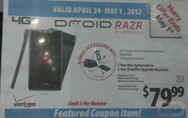 costco razr deal 650x409 Costco Selling DROID RAZR With Accessory Bundle   for $80 – Accessories Include HD Dock, HDMI Cable and Portable Charger