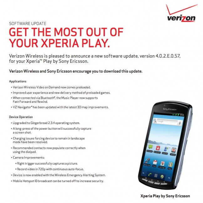 xperia play update 648x650 Verizon's Sony Xperia Play Update Incoming   as Build 4.0.2.E.0.57, Pops Phone Up to Android 2.3.4