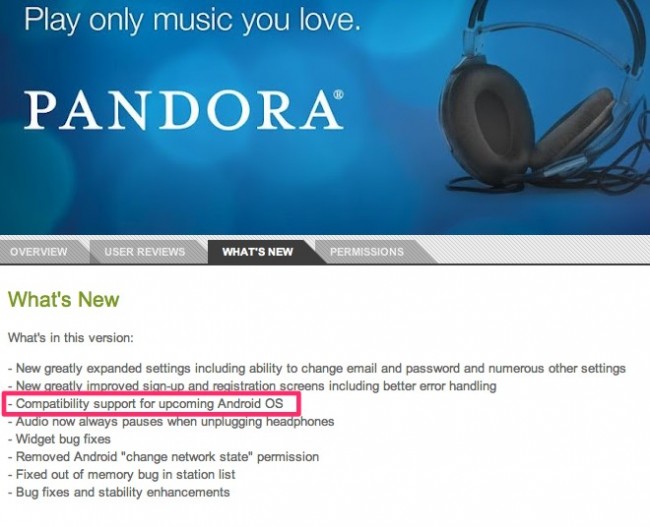 pandora jellybean 650x527 Pandora for Android Updated to be Compatible   with 