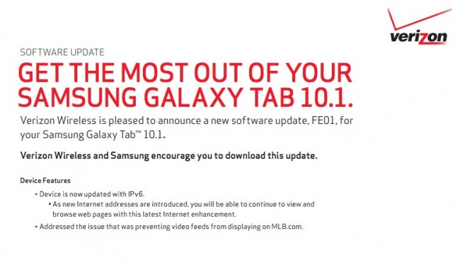 galaxy tab 10 update 650x374 Verizon's Galaxy Tab 10.1 LTE has an   Update on the Way, Build FE01 Addresses Minor Bugs