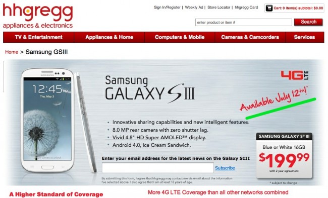 hhgregg gs3 650x394 HHGregg Says Verizon's Galaxy S3 is Launching July   12