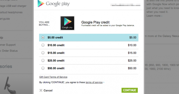 Users Can Buy Google Play Credit From 5 To 50 Directly From The