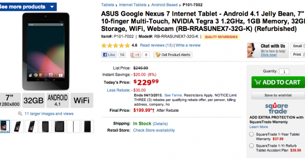 TigerDirect Selling Refurbished 32GB Nexus 7 for $199.99