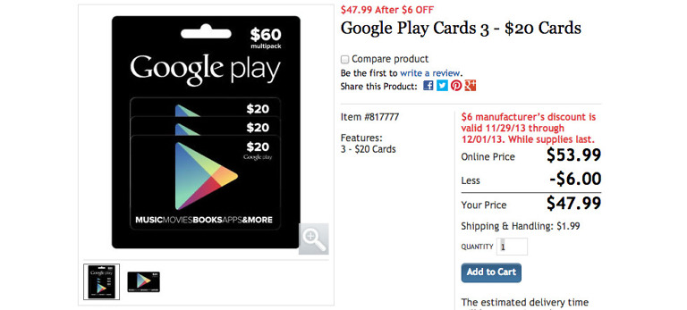 Black Friday Deal: Costco Selling 3-Packs of $20 Google Play Gift Cards for $48