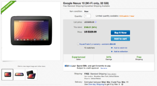 Deal:  Brand New Nexus 10 32GB for $329 With Free Shipping From eBay