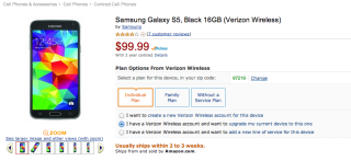 Deal:  Amazon has the Verizon Galaxy S5 for $99 (Upgrades and New Accounts)