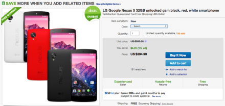 Deal:  Nexus 5 32GB in White, Black, or Red for $394 With Free Shipping