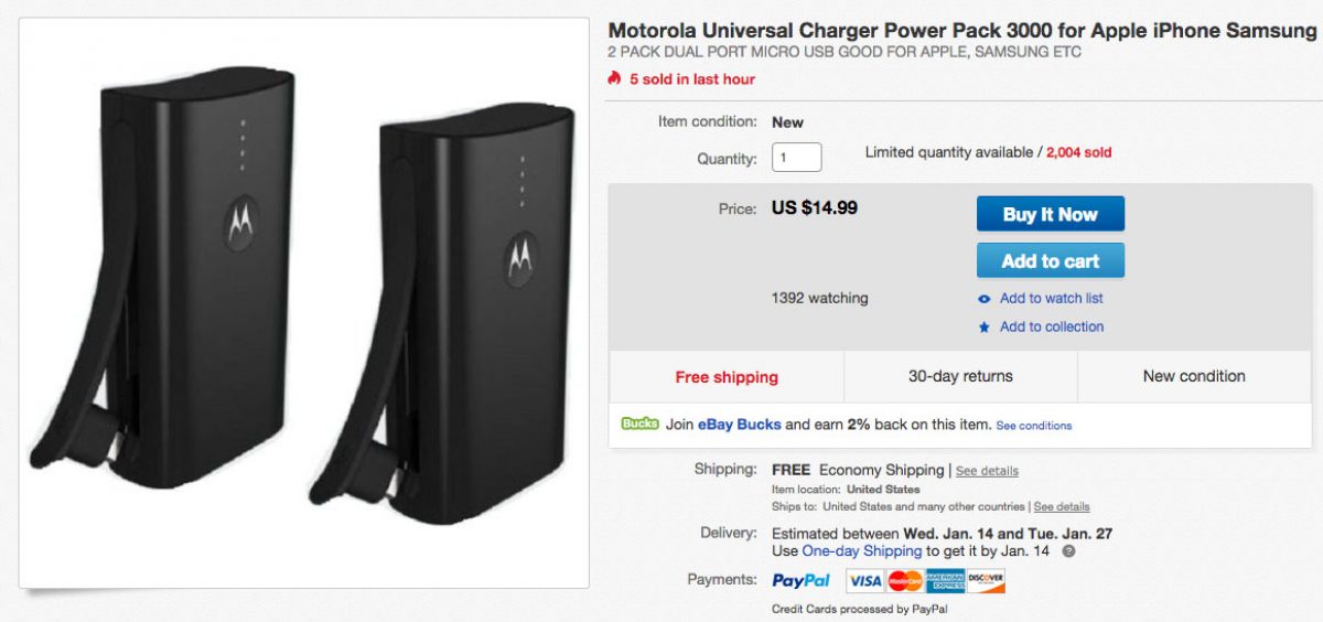 Deal of the Week Motorola 3,000mAh Power Pack for 8.99 (Regularly 50), 2Pack for 14.99