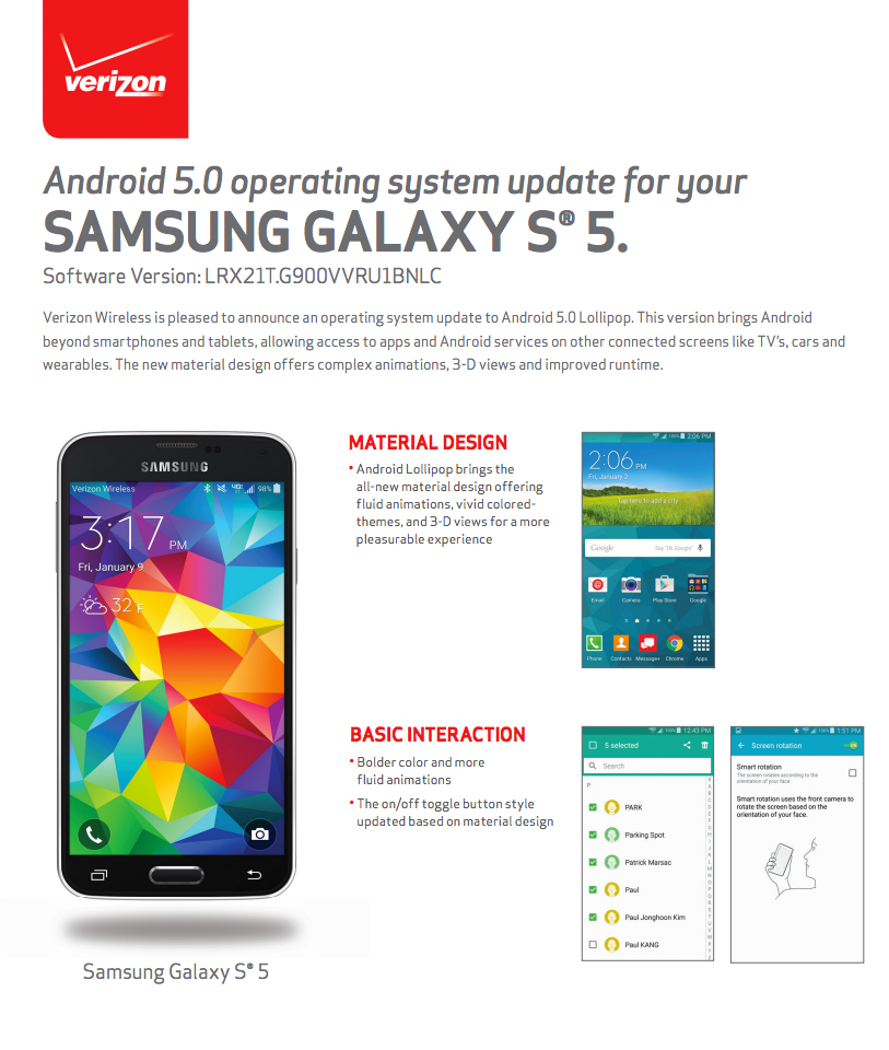 Verizon Samsung Galaxy S5 Gets Lollipop Update
