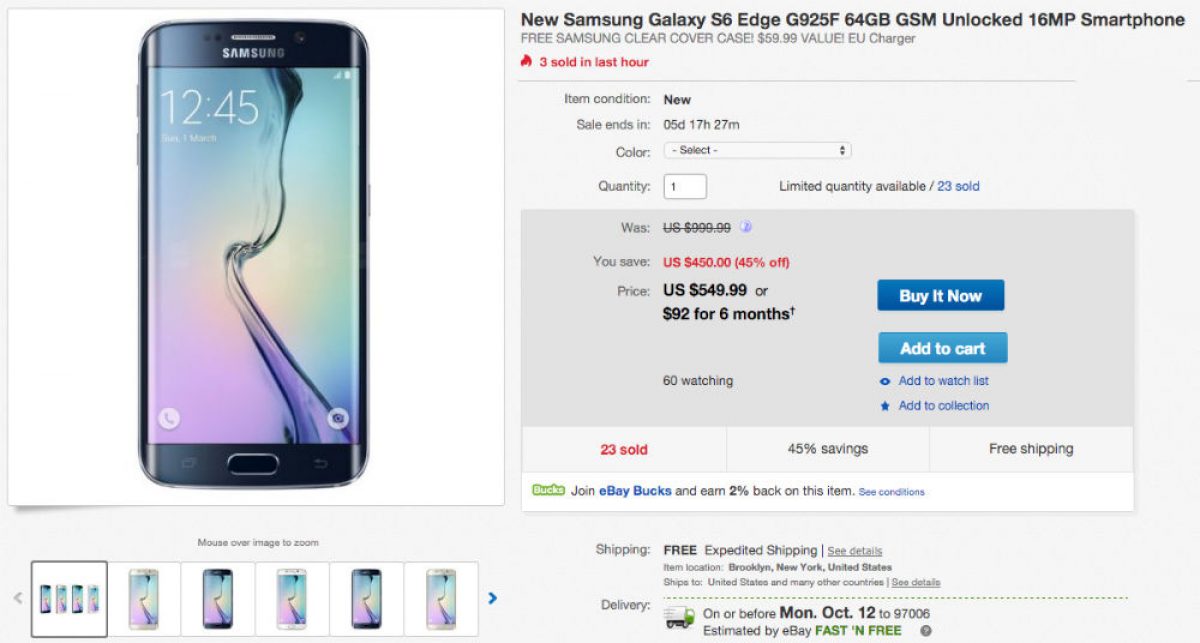 New Unlocked Galaxy S6 Edge 64GB for Just 550