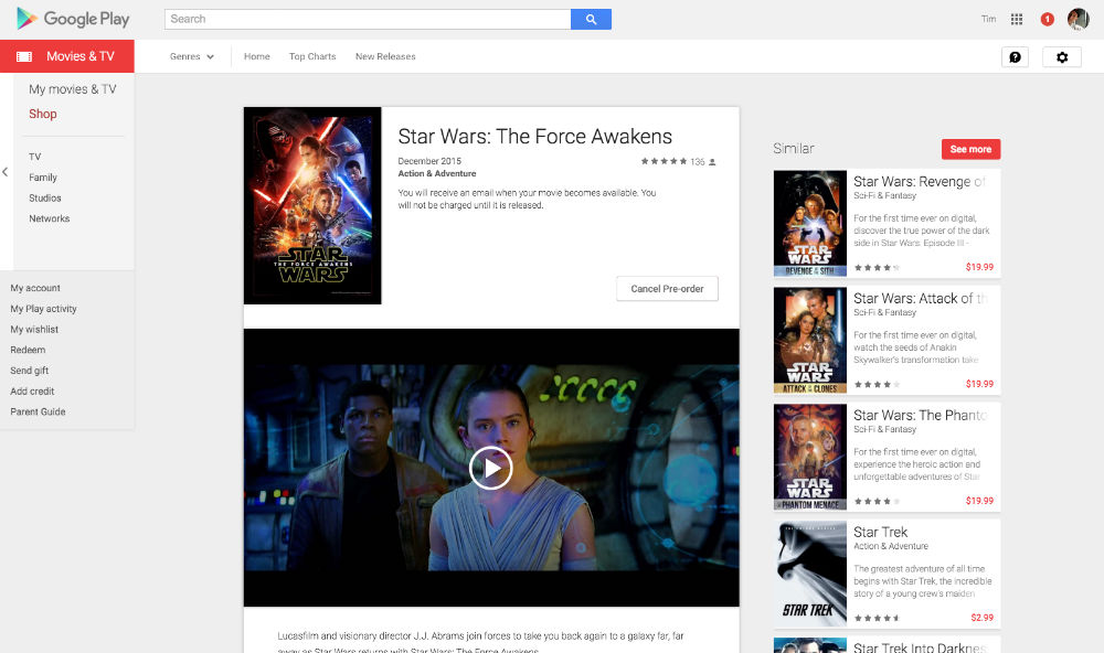 Star Wars: The Force Awakens Now Available for Pre-Order on Google Play