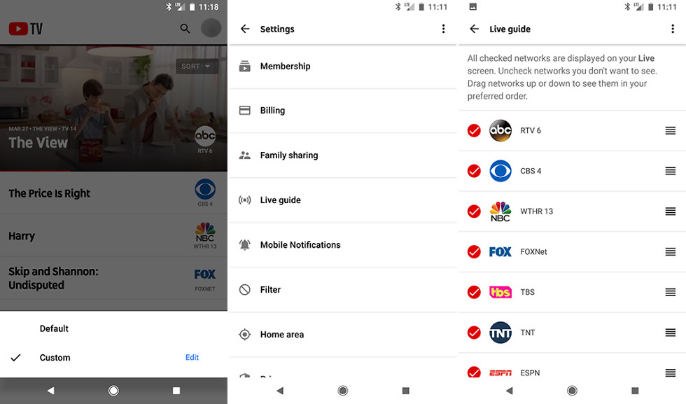 youtube tv live guide favorites custom