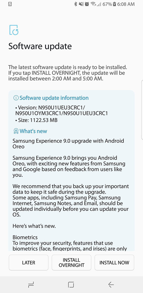 unlocked note 8 oreo update