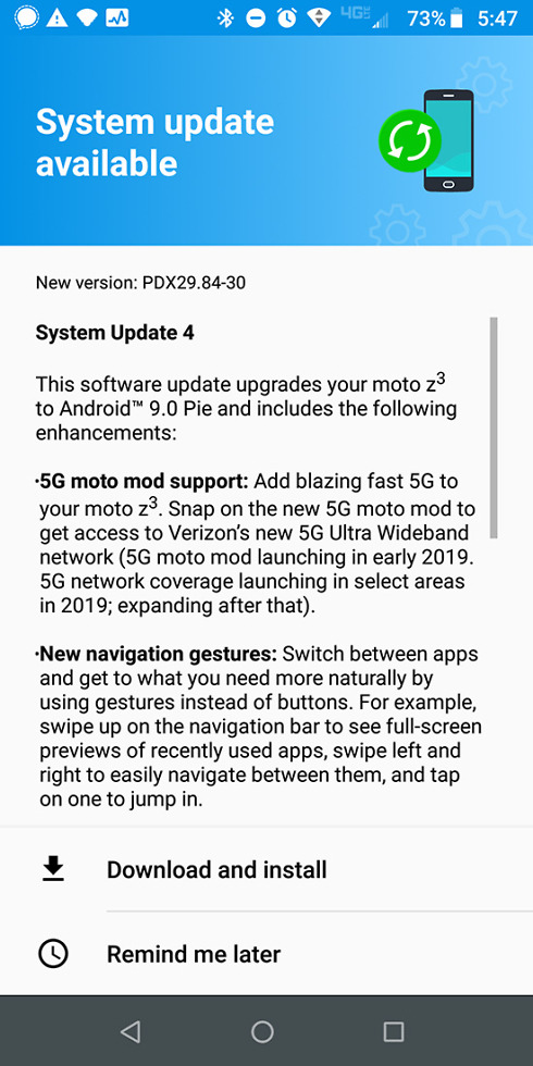 Moto Z3 Android Pie 5G Update