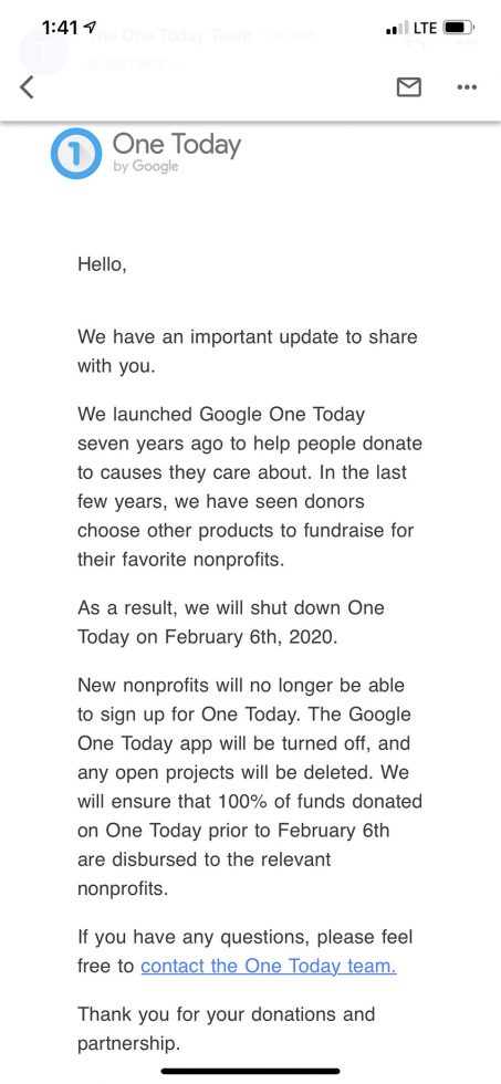 Google One Today Shutdown