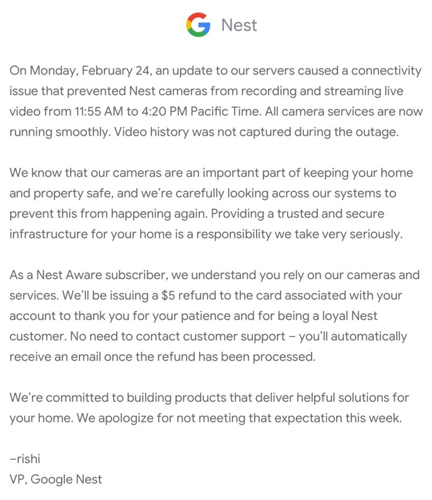 Nest outage refund