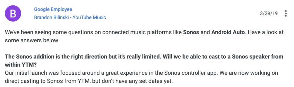 YouTube Music Sonos Casting