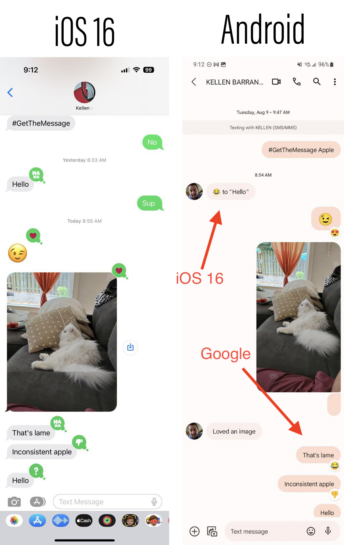 iOS 16 Réactions aux messages Android