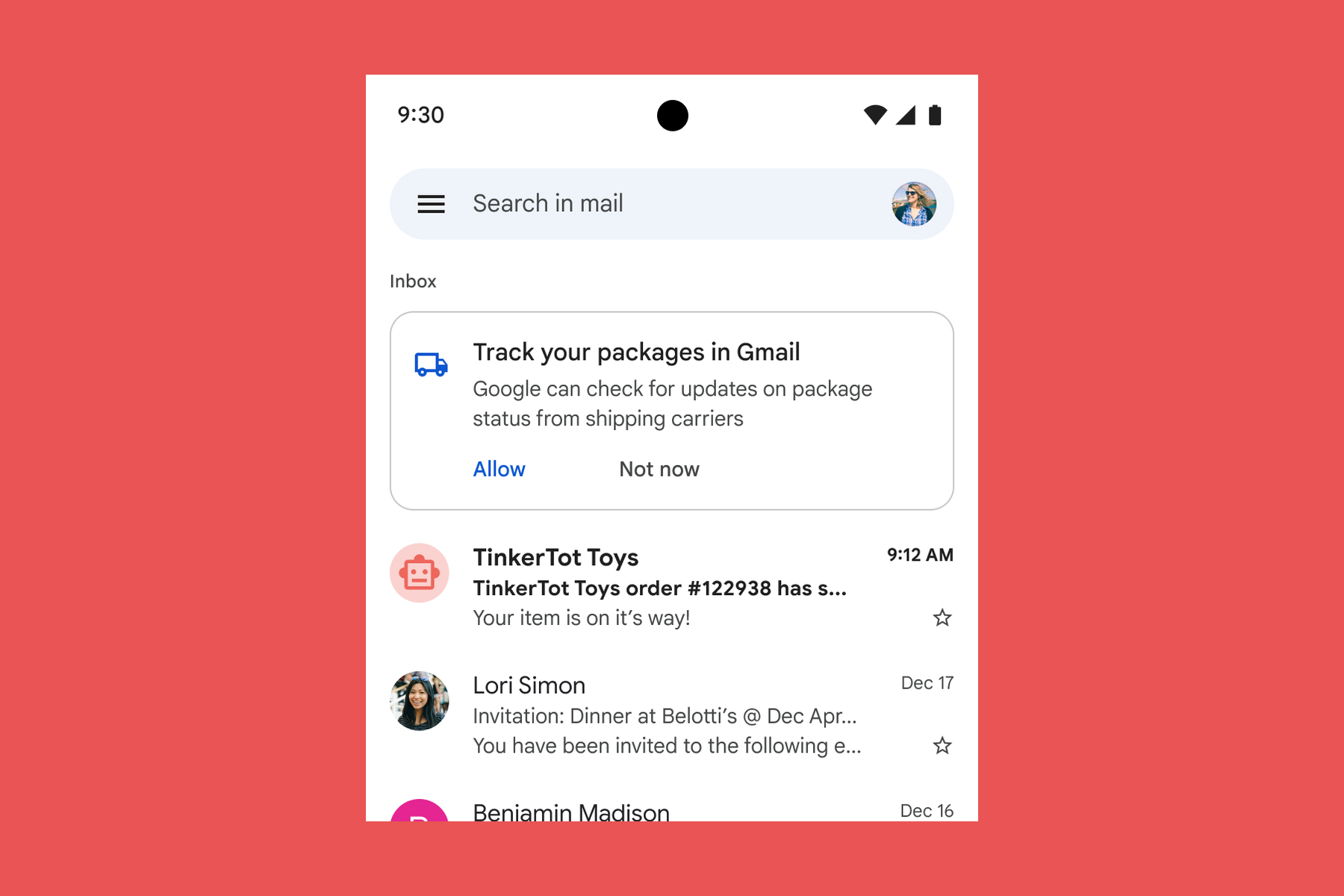 Seguimiento de paquetes de Gmail