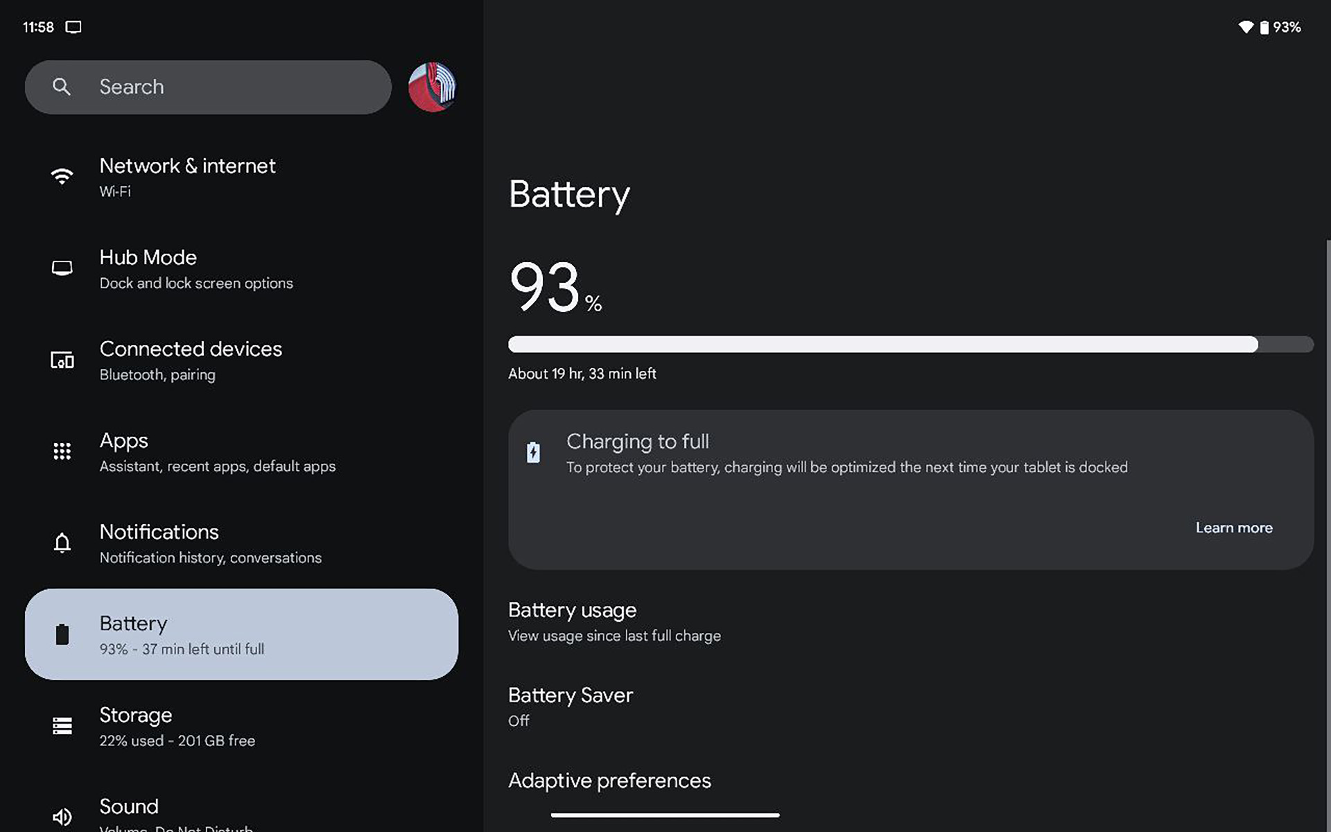 Bateria otimizada para tablets Pixel